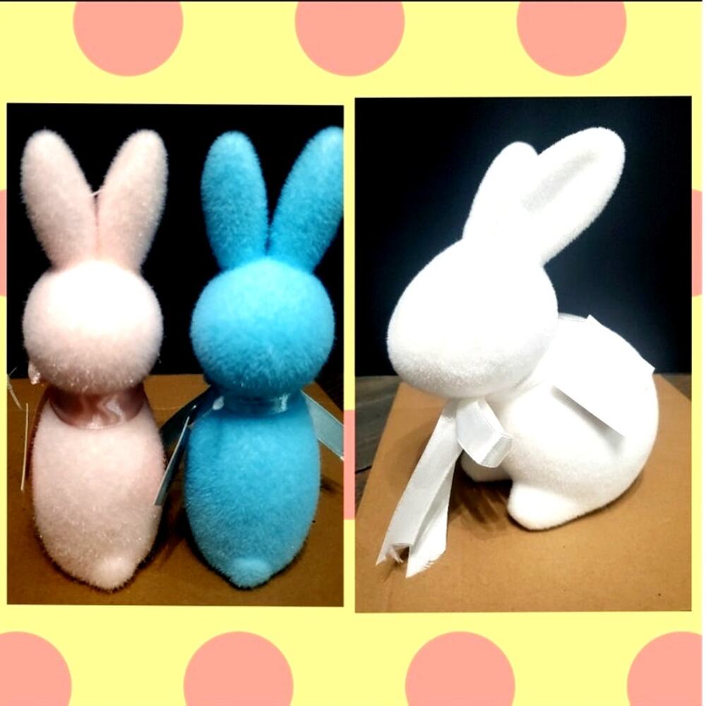 3 Rabbits Pastel Flocked bunnies Easter, Spring, Wreath centerpiece DIY decor